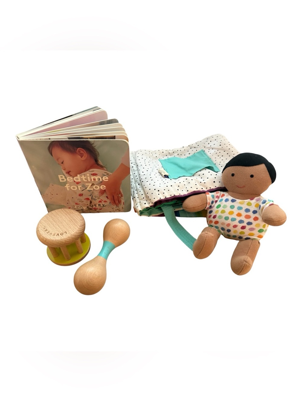 Lovevery 5 toy bundle- crinkle book, doll, rattle, rolling bell and book
